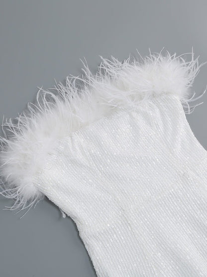 OSTRICH HAIR DECORATIVE BANDEAU MAXIC DRESS IN WHITE styleofcb 