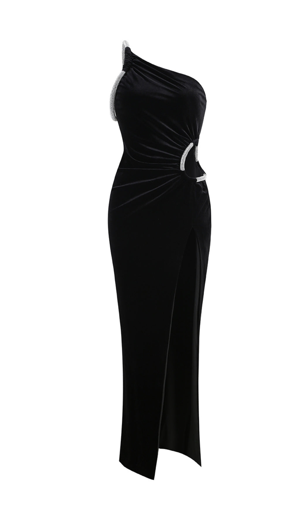 ABITO MAXI ELEGANTE NERO SEXY CON FORI E SPALLA SCOPERTA A SPACCO ALTO