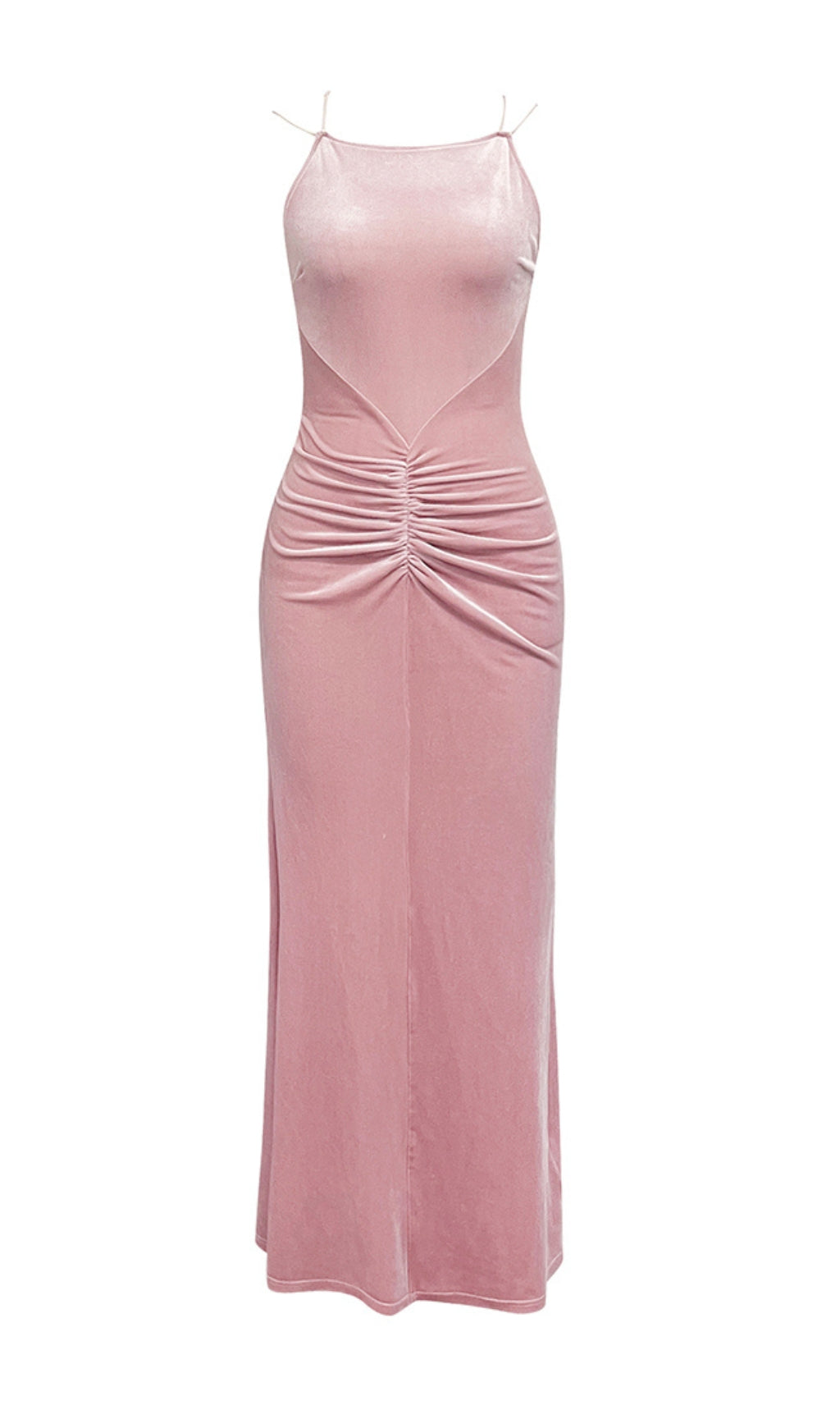 VESTITO ROSA IN VELLUTO PIEGHETTATO CON BRETELLE, SENZA SCHIENA, A FASCIA