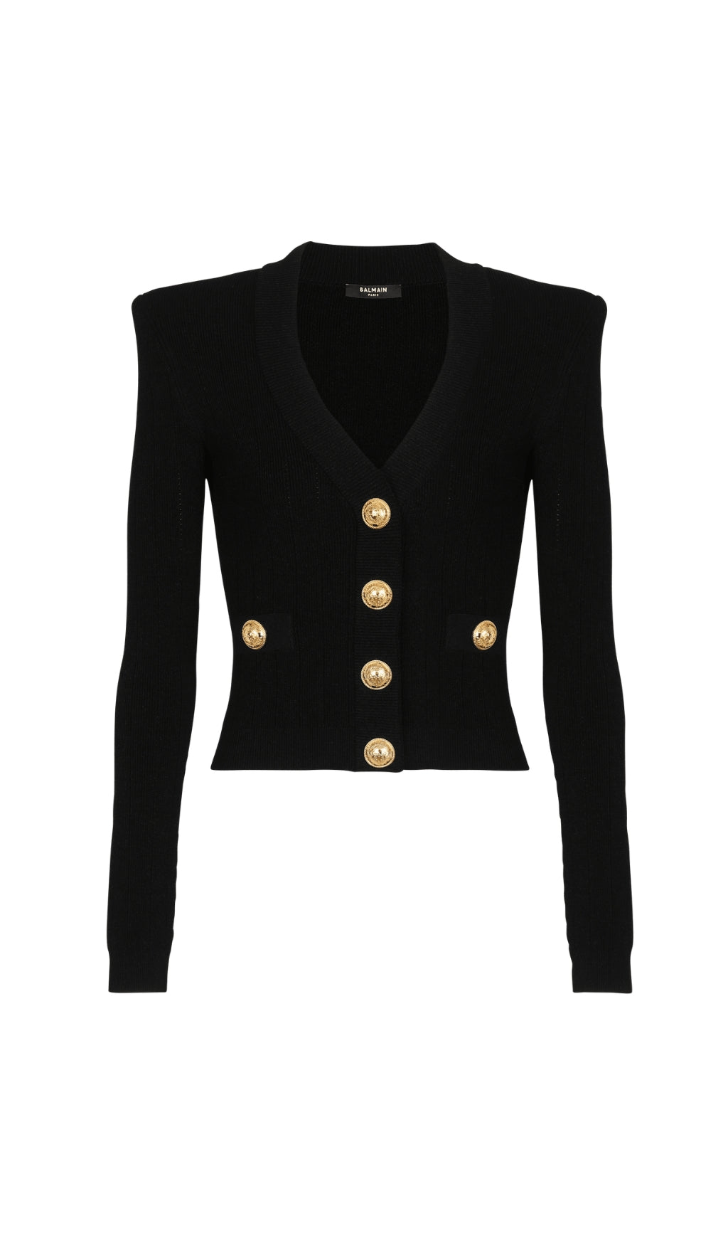 CARDIGAN CORTO IN MAGLIA CON SCOLLO A V E BOTTONI METALLICI NERI