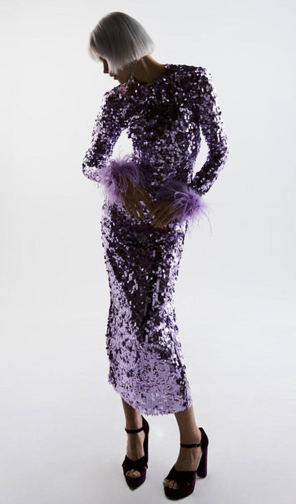 SEQUIN FEATHER LONG SLEEVES MIDI DRESS styleofcb 