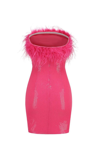 SEQUIN FEATHER STRAPLESS MINI DRESS IN PINK styleofcb 