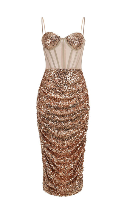 SEQUIN CORSET MIDI DRESS IN CHAMPAGNE styleofcb 
