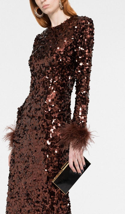 SEQUIN FEATHER LONG SLEEVES MIDI DRESS styleofcb 