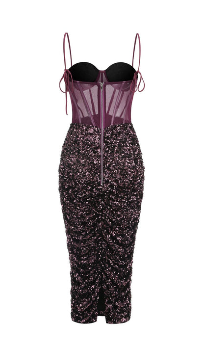 SEQUIN CORSET MIDI DRESS IN WINE styleofcb 