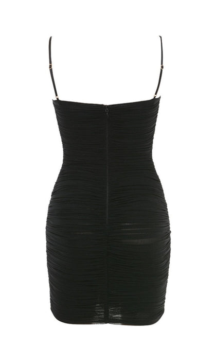 BLACK RUCHED ORGANZA MESH MINI DRESS DREESES styleofcb 