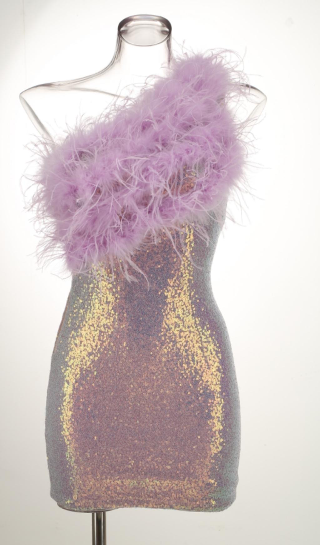 PURPLE ONE SHOULDER SEQUIN FEATHER MINI DRESS Dresses styleofcb 