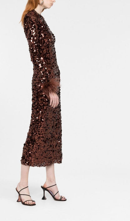 SEQUIN FEATHER LONG SLEEVES MIDI DRESS styleofcb 