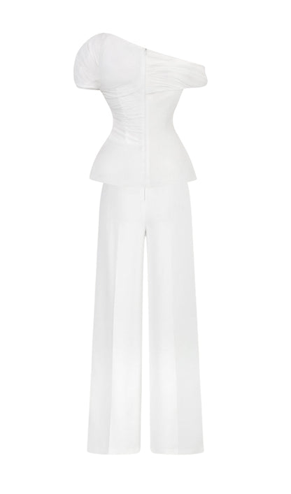 WHITE FEATHER PLEATED TWO PIECES SUIT