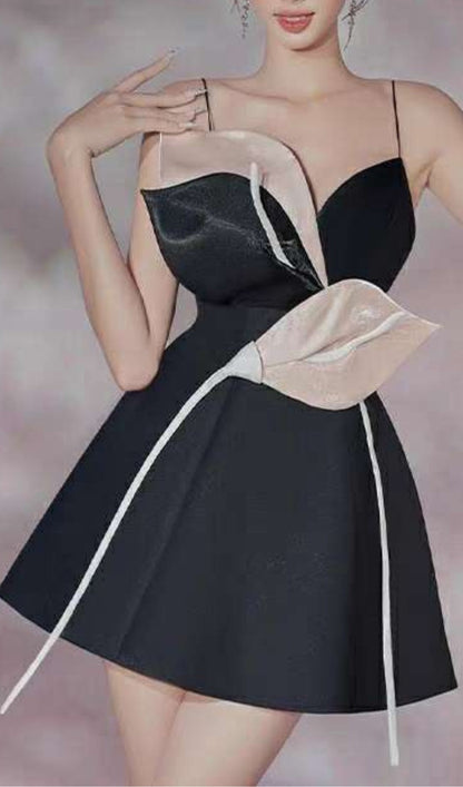 BLACK FLOWER STRAP CORSET MINI DRESS