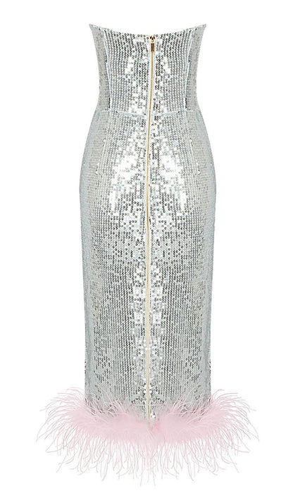STRAPLESS SEQUIN FEATHER MIDI DRESS IN SILVER Dresses styleofcb 