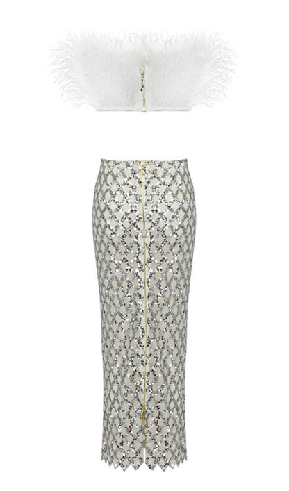 FEATHER SEQUIN TWO PIECE SET IN WHITE