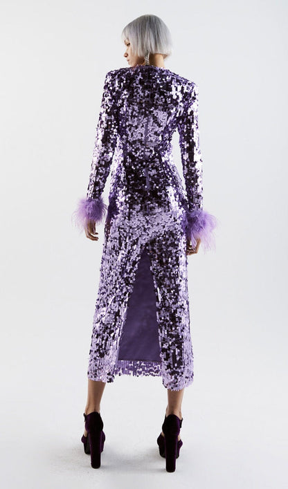 SEQUIN FEATHER LONG SLEEVES MIDI DRESS styleofcb 