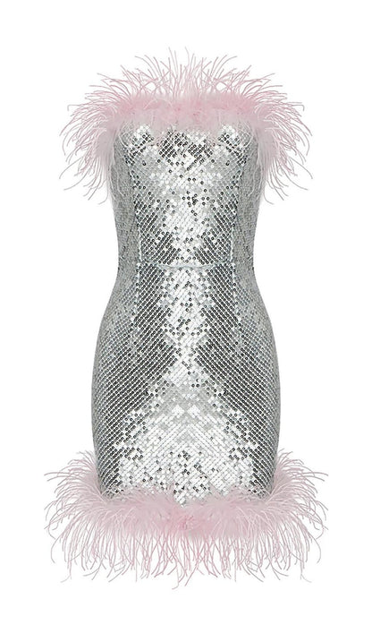 STRAP SILVER SEQUIN FEATHER MINI DRESS Dresses styleofcb 