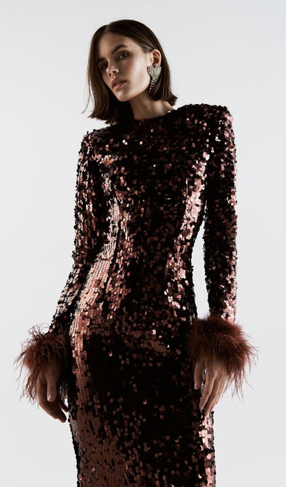 SEQUIN FEATHER LONG SLEEVES MIDI DRESS styleofcb 