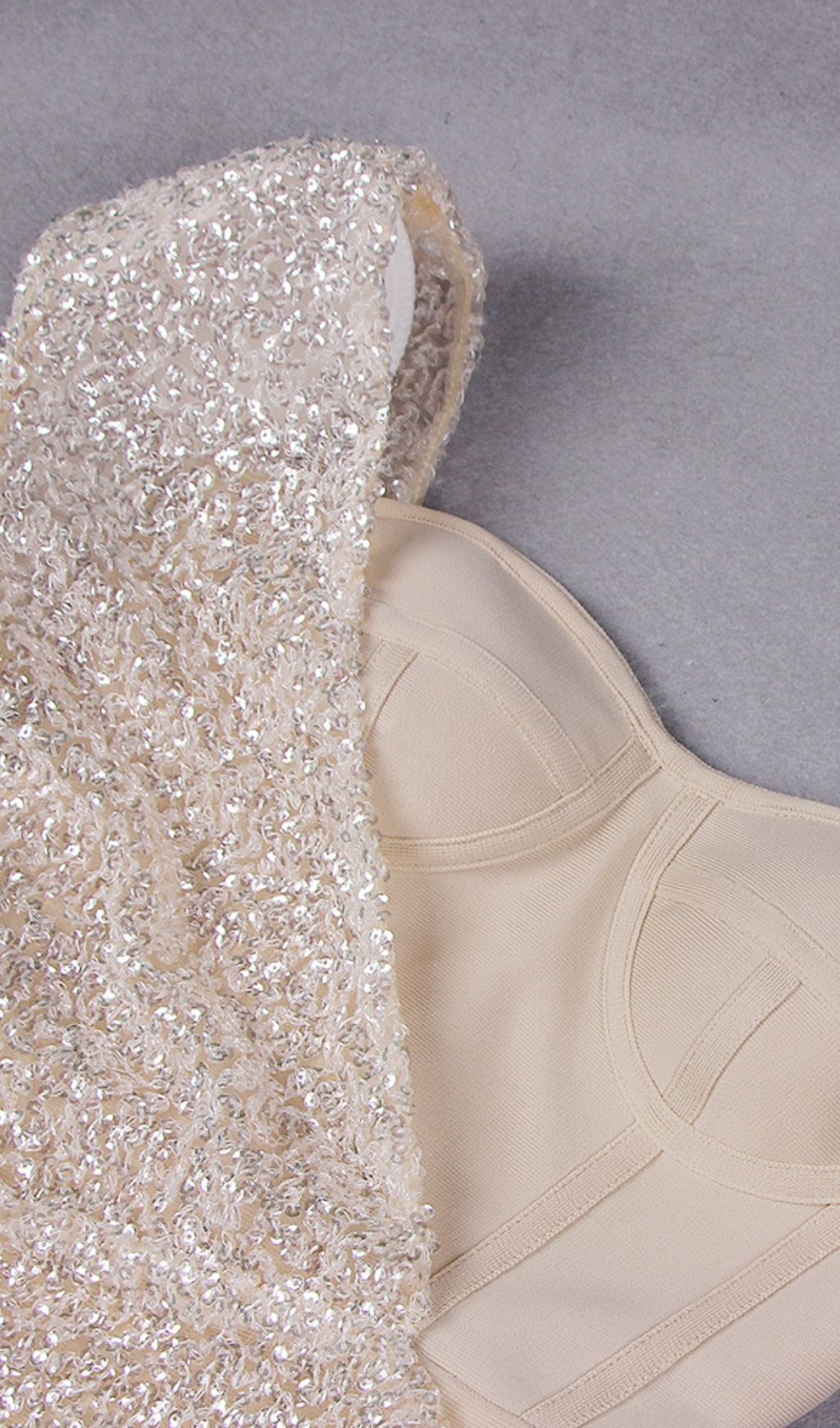 ASYMMETRIC SEQUIN RUCHED MINI DRESS IN BEIGE Dresses styleofcb 