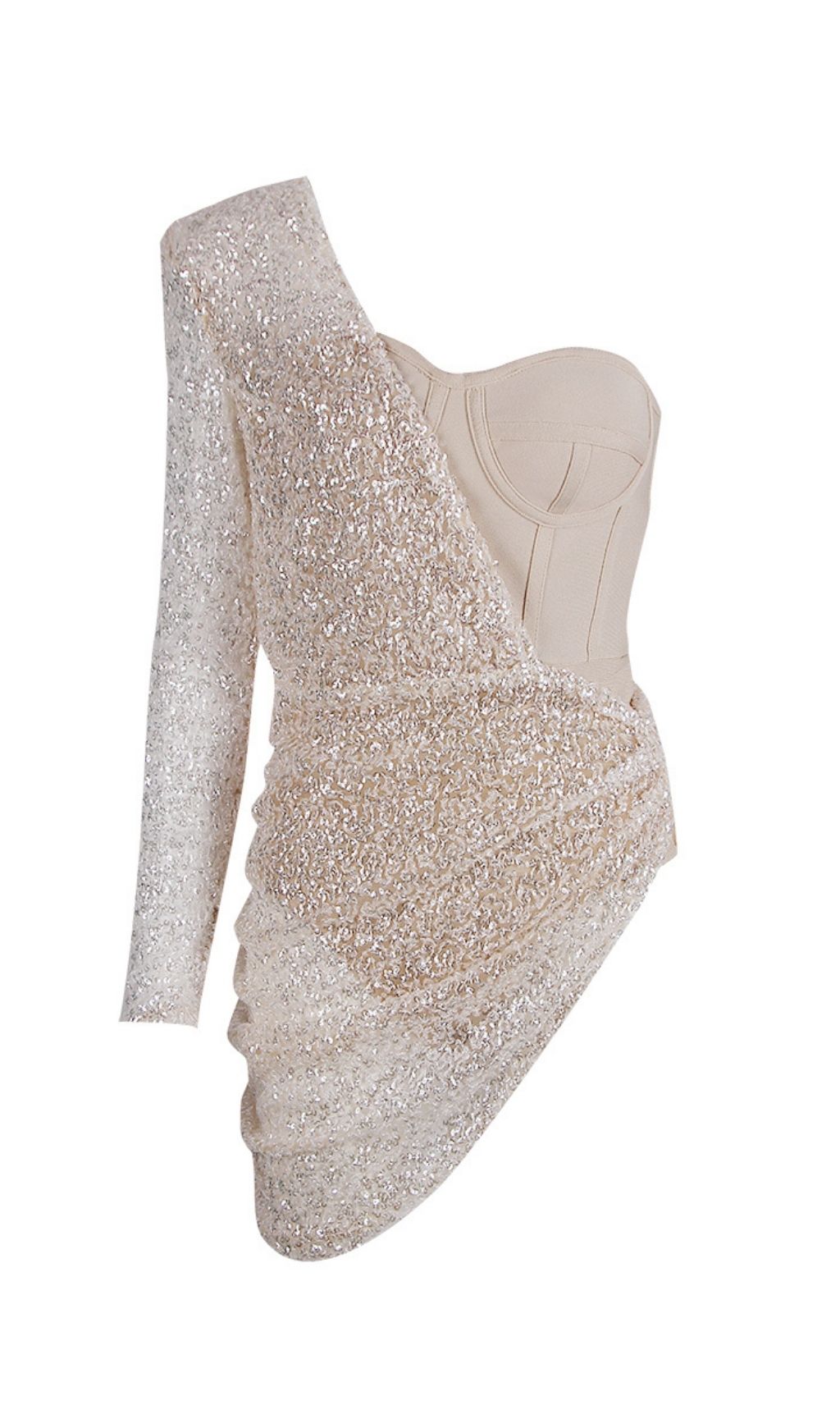ASYMMETRIC SEQUIN RUCHED MINI DRESS IN BEIGE Dresses styleofcb 