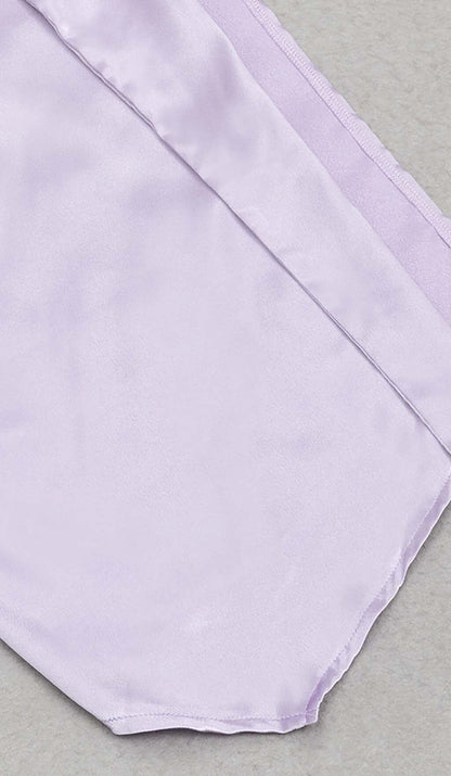 BANDEAU RUCHED SATIN MIDI DRESS IN LILAC DRESS STYLE OF CB 
