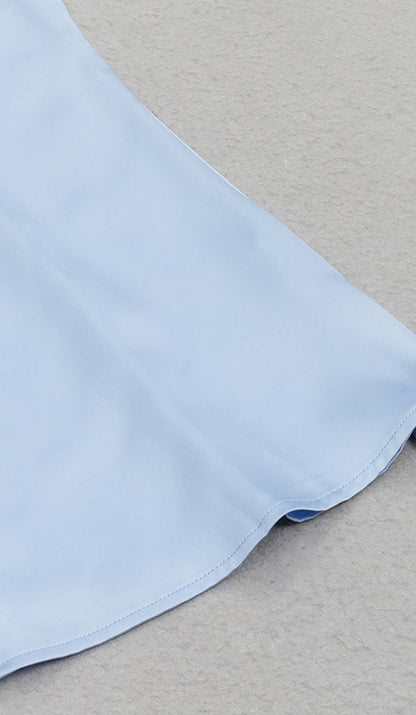 BANDEAU SATIN SLIT MIDI DRESS IN SKY BLUE