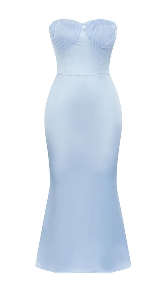 BANDEAU SATIN SLIT MIDI DRESS IN SKY BLUE
