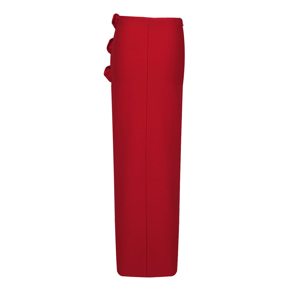 RED WOOL-SILK ROSE-EMBELLISHED SKIRT