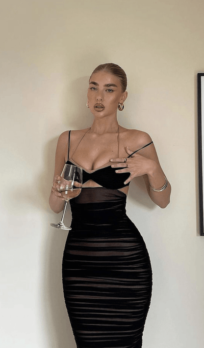 BLACK CUTOUT RUCHED MIDI DRESS