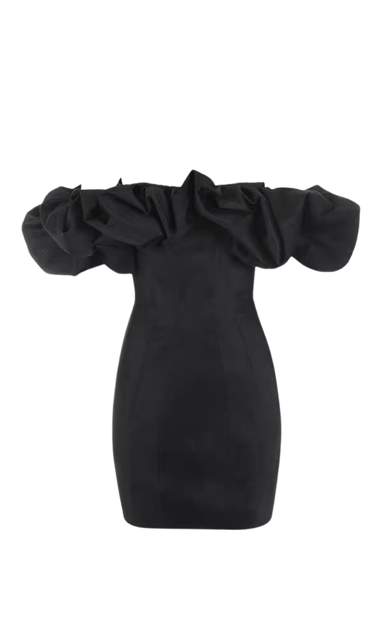 BLACK SATIN RUFFLE STRAPLESS DRESS ohmogo BLACK XS 