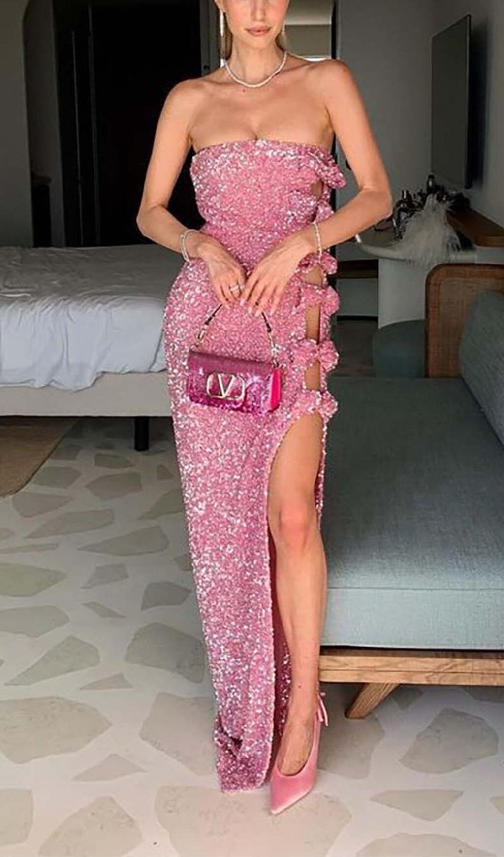 BOW DETAIL SEQUIN MAXI DRESS IN PINK DRESS STYLE OF CB 