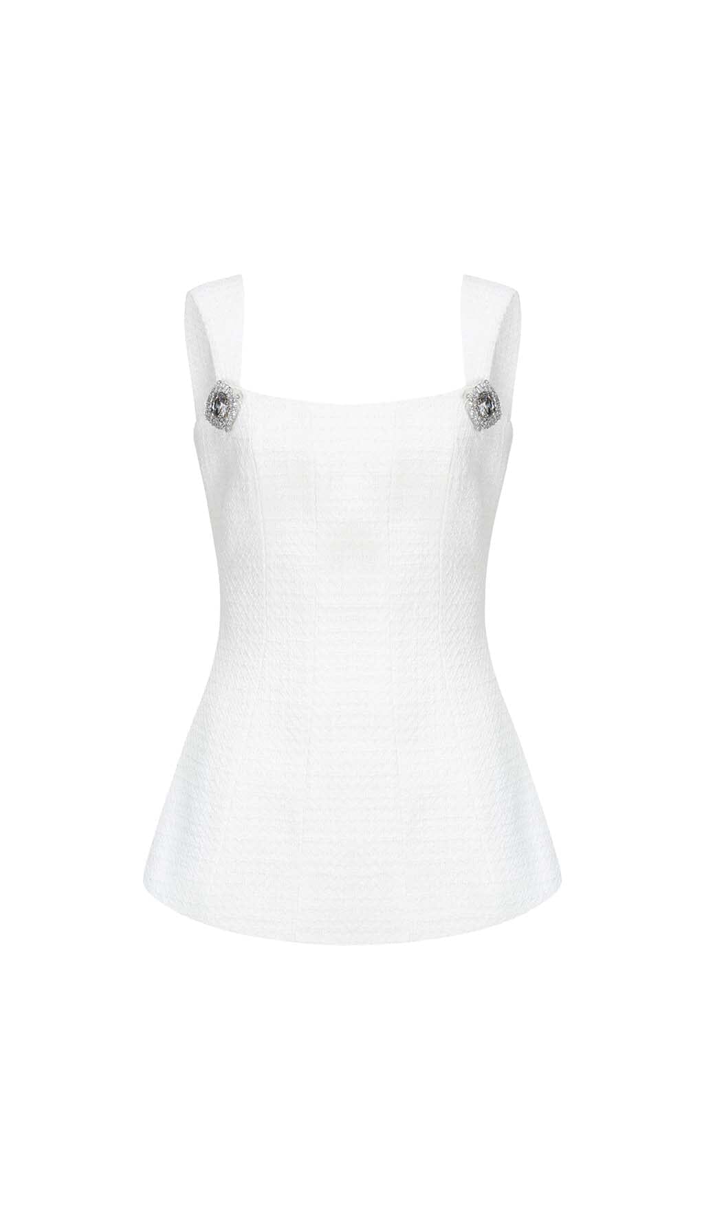 BOW-EMBELLISHED RHINESTONE MINI DRESS IN WHITE