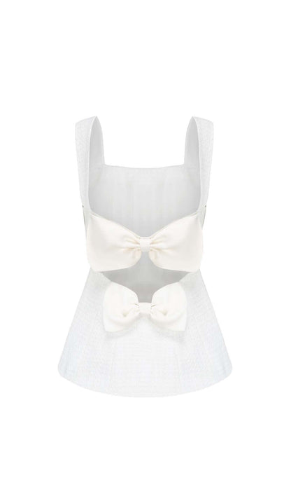 BOW-EMBELLISHED RHINESTONE MINI DRESS IN WHITE