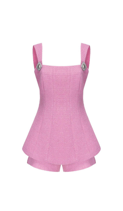BOW-EMBELLISHED RHINESTONE MINI DRESS IN PINK