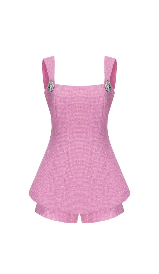 BOW-EMBELLISHED RHINESTONE MINI DRESS IN PINK