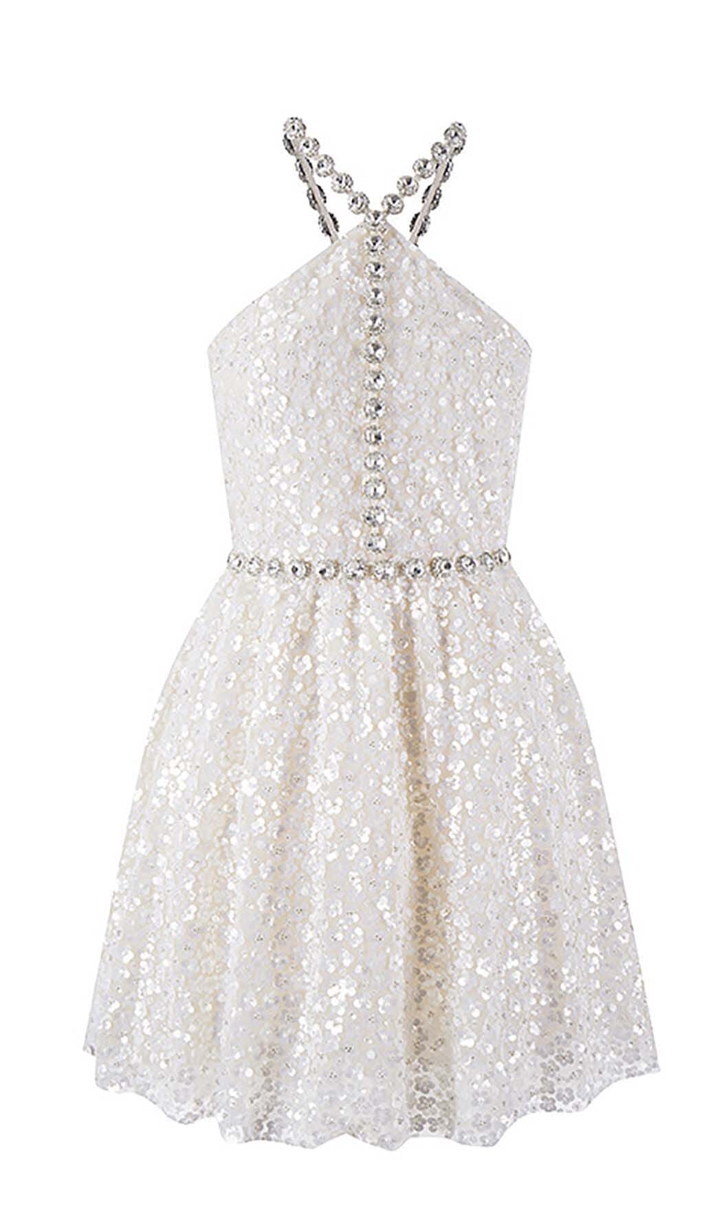 CRYSTAL HALTER MINI DRESS IN WHITE
