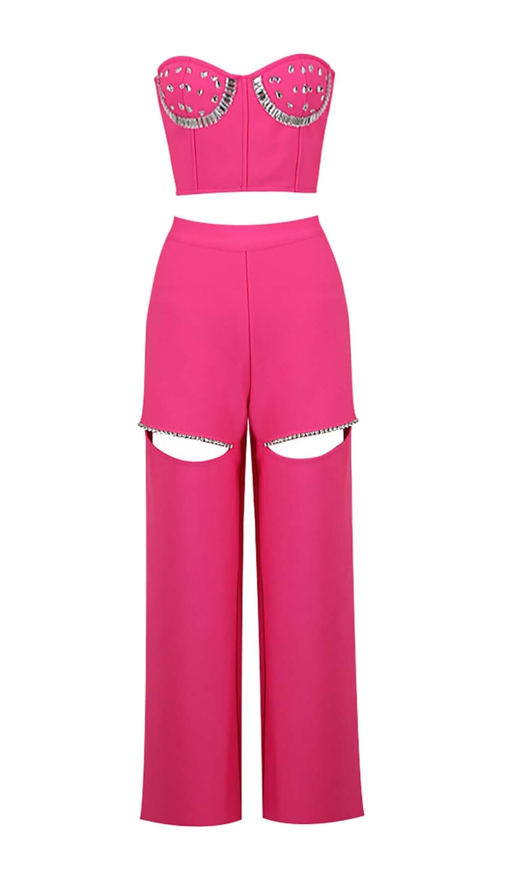 CRYSTAL STITCHED CUTOUT TWO PIECE SET IN PINK DRESS sis label 