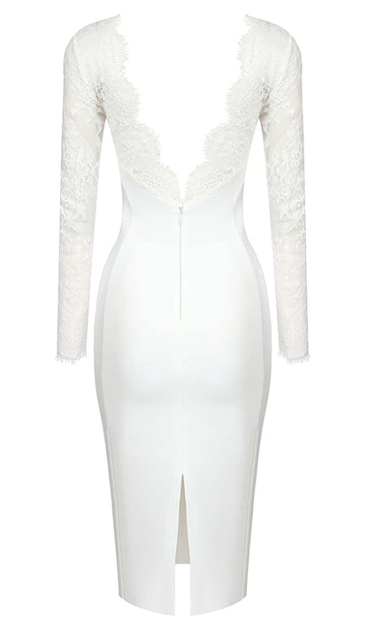 EMBROIDERED LACE MIDI DRESS IN WHITE
