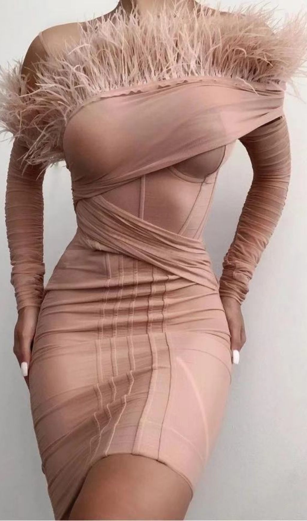 FEATHER LONG SLEEVE BANDAGE MINI DRESS IN BLACK Dresses styleofcb 
