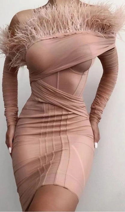 FEATHER LONG SLEEVE BANDAGE MINI DRESS IN BLACK Dresses styleofcb 