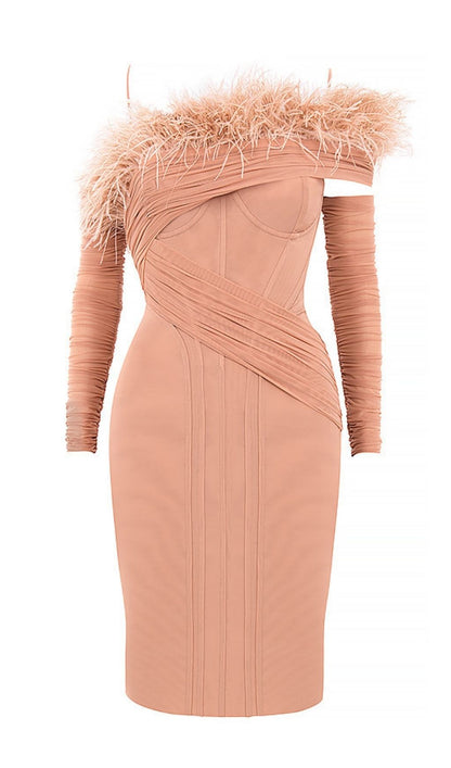 FEATHER LONG SLEEVE BANDAGE MINI DRESS IN BLACK Dresses styleofcb XS PINK 
