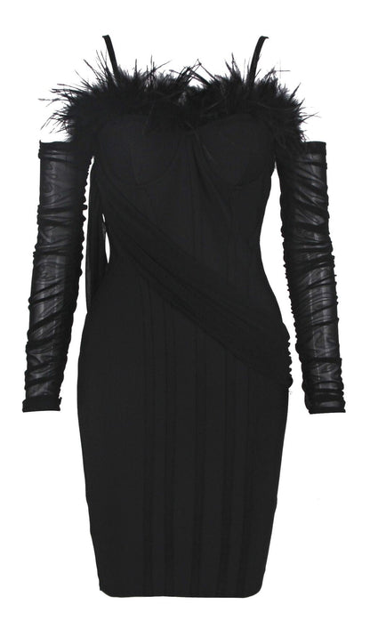 FEATHER LONG SLEEVE BANDAGE MINI DRESS IN BLACK Dresses styleofcb XS BLACK 