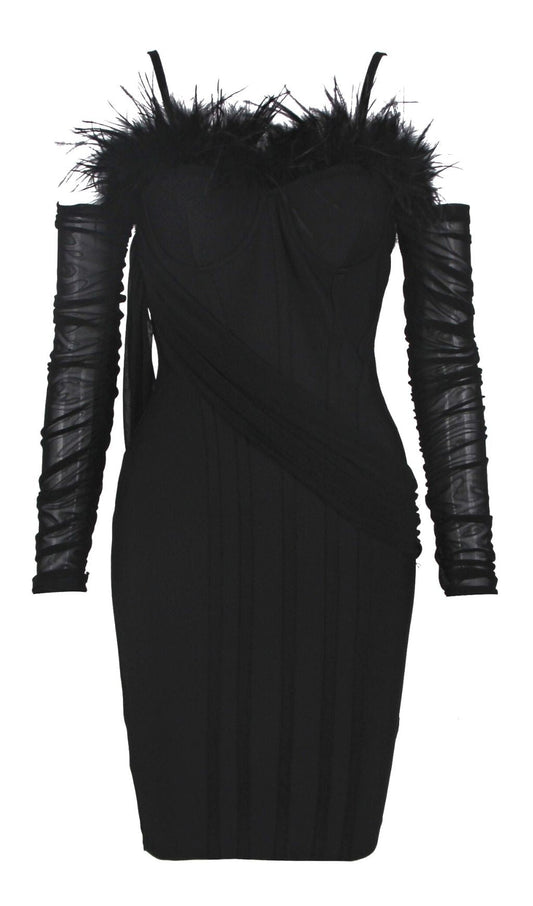 FEATHER LONG SLEEVE BANDAGE MINI DRESS IN BLACK Dresses styleofcb XS BLACK 