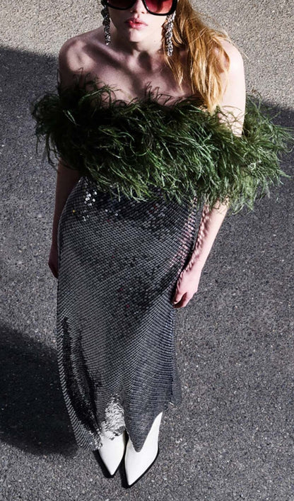 FEATHERED SEQUINED MAXI DRESS IN METALLIC SILVER styleofcb 
