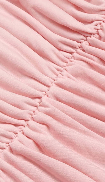 FLOWER-EMBELLISHED RUCHED MINI DRESS IN COTTON CANDY