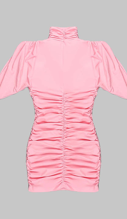 FLOWER-EMBELLISHED RUCHED MINI DRESS IN PINK