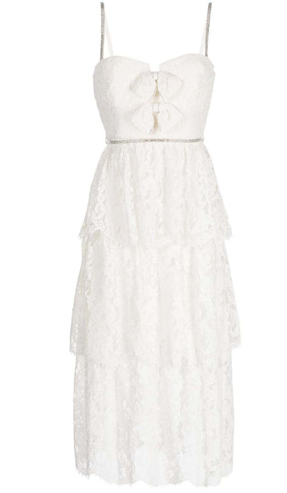 FRONT BOW TIERED MIDI DRESS IN WHITE DRESS STYLE OF CB 