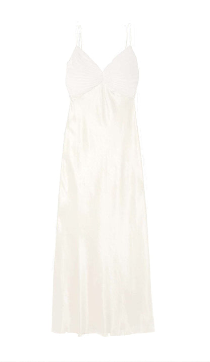 GEORGETTE PLEATED SATIN MAXI DRESS IN WHITE DRESS styleofcb 