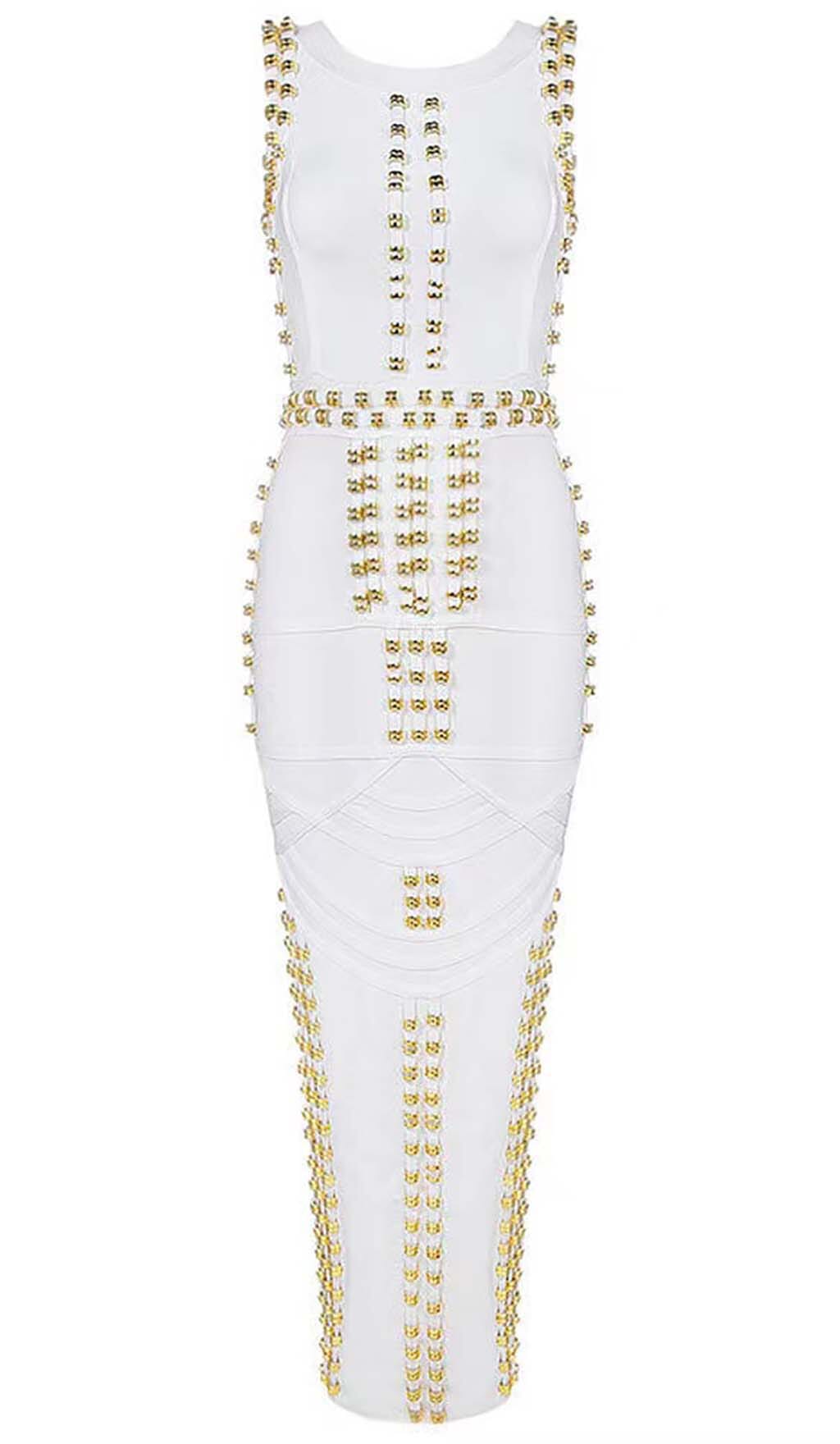 GOLD ACCENT BANDAGE MAXI DRESS DRESS STYLE OF CB S WHITE 