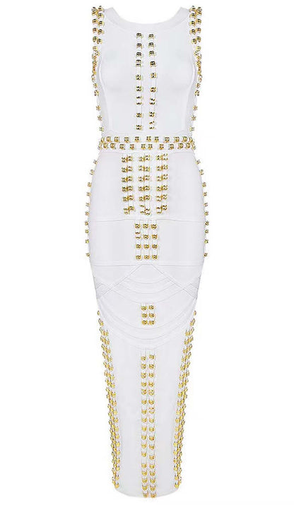 GOLD ACCENT BANDAGE MAXI DRESS DRESS STYLE OF CB S WHITE 