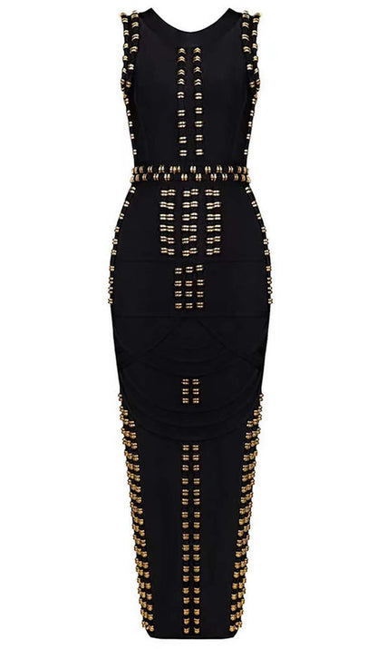 GOLD ACCENT BANDAGE MAXI DRESS DRESS STYLE OF CB S BLACK 