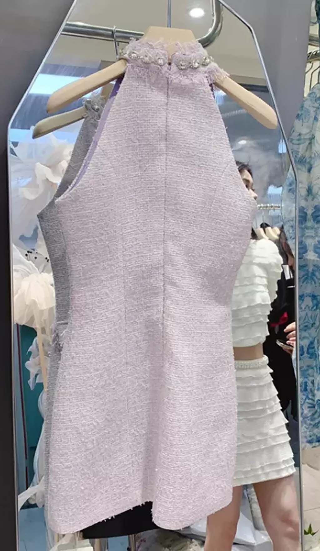 HALTER BOW NECK TWEED MINI DRESS IN LILAC DRESS STYLE OF CB 