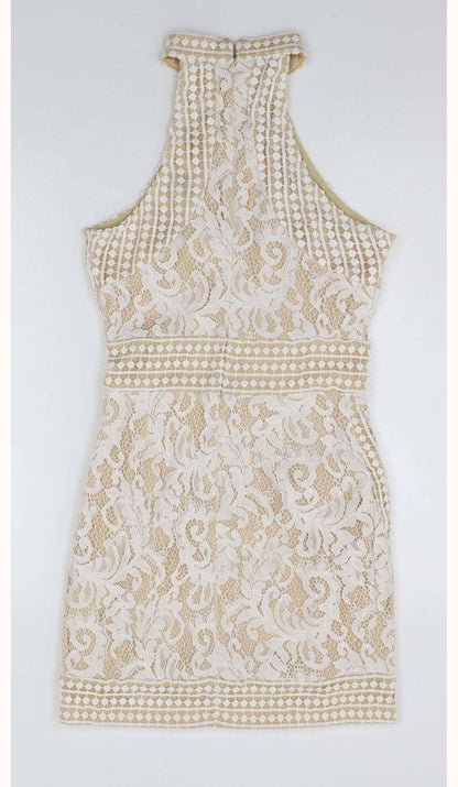HIGH NECK CROCHET MINI DRESS IN BEIGE DRESS styleofcbdress 